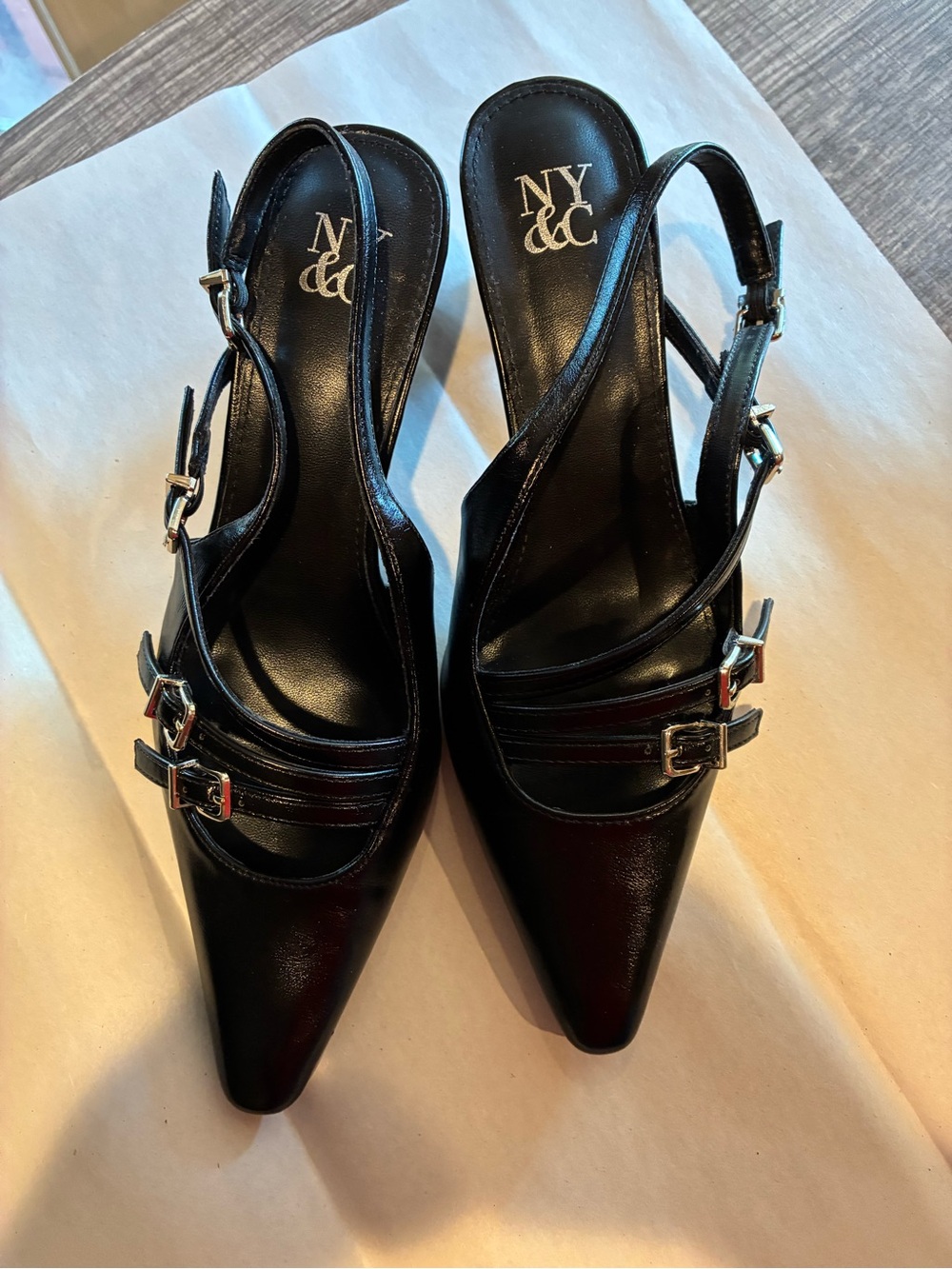 New York & Company Black Pointed Slingback Pumps with Dual Buckle Straps